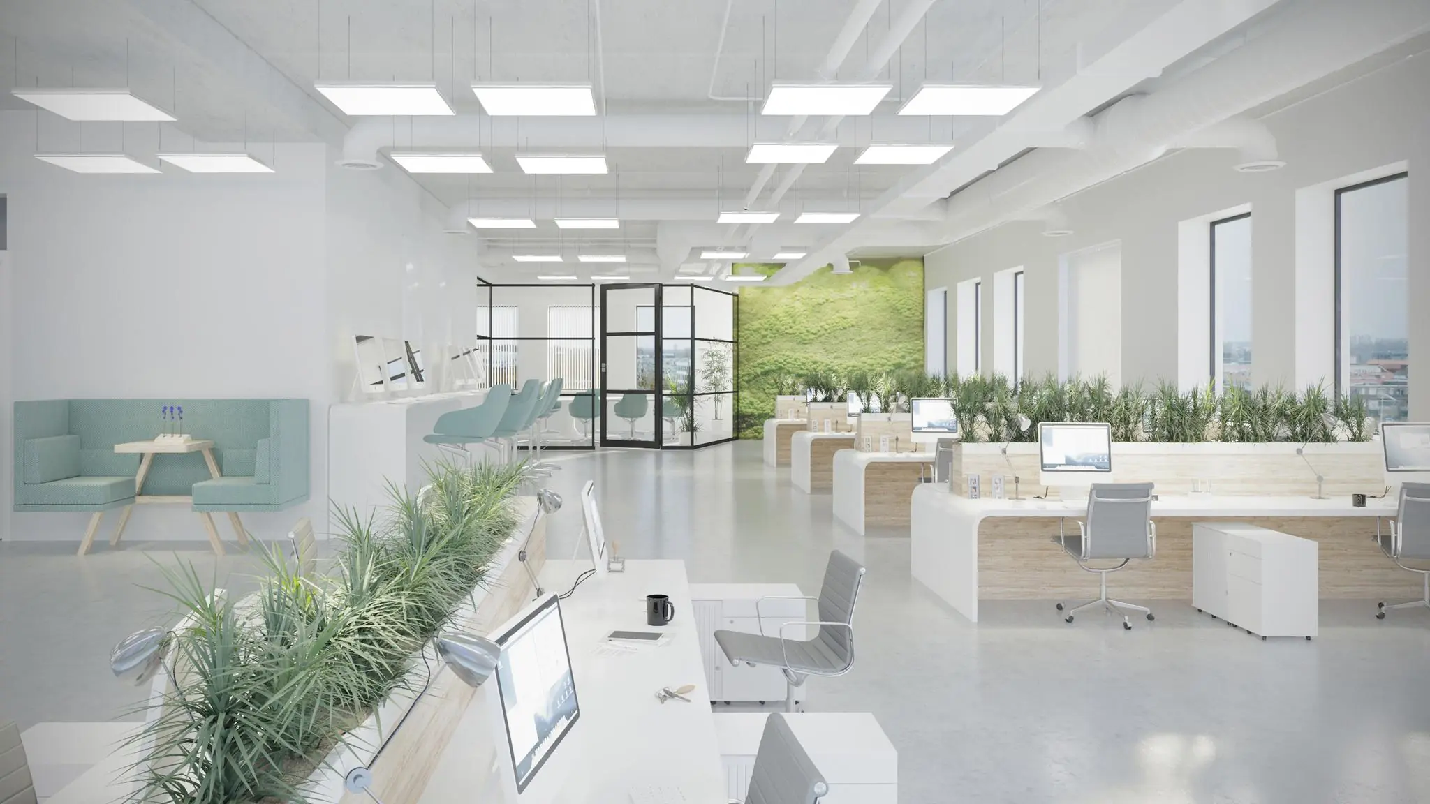 Modern en licht kantoorinterieur in Rivium Quadrant met open werkplekken, veel groen en grote ramen.